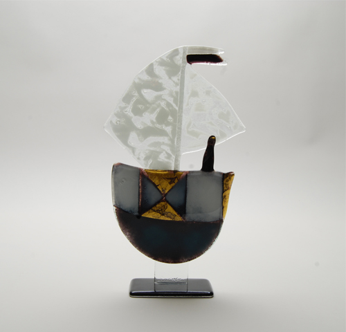 111 Grey and blue hand painted ship - Voilier H.30cm